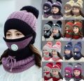 Women's Slouchy Knit Knitted Topi Scarf Mask 3-Piece Set for Winter Comfort. 