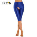 Womens Glossy Open Crotch Shorts Stretchy Smooth Elastic Waistband Leggings Slim Fit Short Pants Oil Shiny Boxer Shorts Panties. 