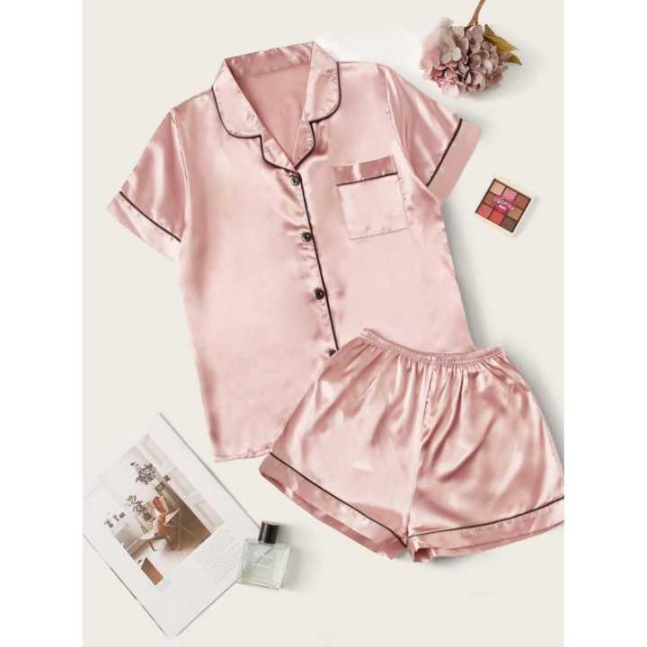 Contrast Binding Lapel Neck Pajama Set For Girls