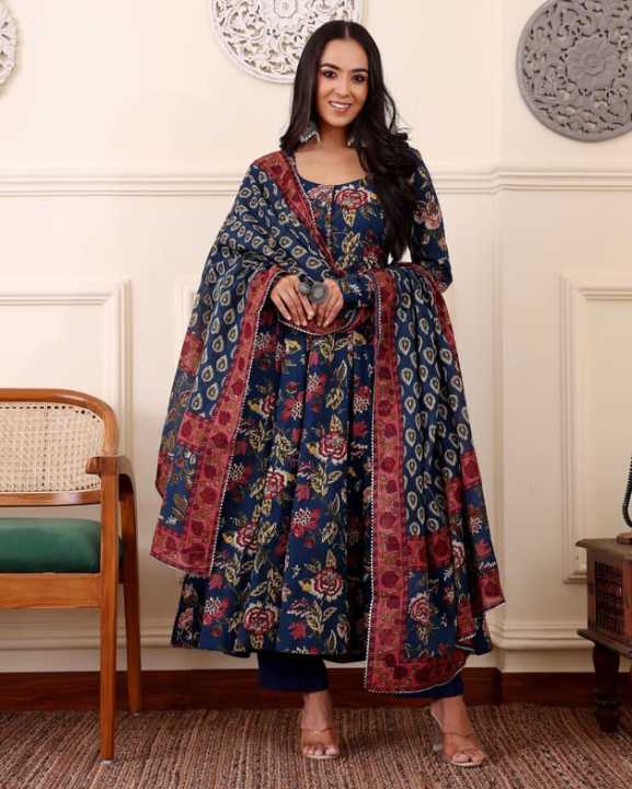 Fabdale Floral Printed Viscose Rayon Anarkali Kurta Pant Salwar Suit with Dupatta | Wedding, Party & Festive Wear (DVST-006)