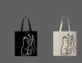 Cat High-Five Printed Canvas Tote Bag | Cute Kitten Art Eco-Friendly Cotton Shoulder Bag -White, Black. 