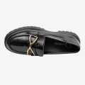 Black Color Buckle Design Shining Loafer Shoes For Women. 