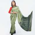 Green Cotton Flower Printed Saree For Women. 