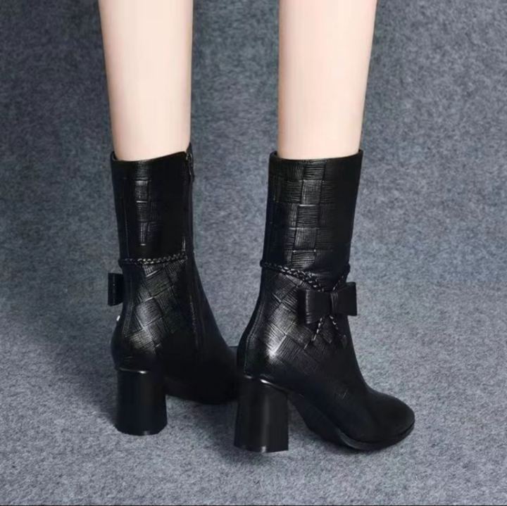 Fashion%20boots%202024%20Spring/Autumn/Winter%20new%20pointed%20side%20zipper%20retro%20women's%20bow%20for%20comfortable%20and%20versatile%20mid%20length%20boots%20-%20Image%204