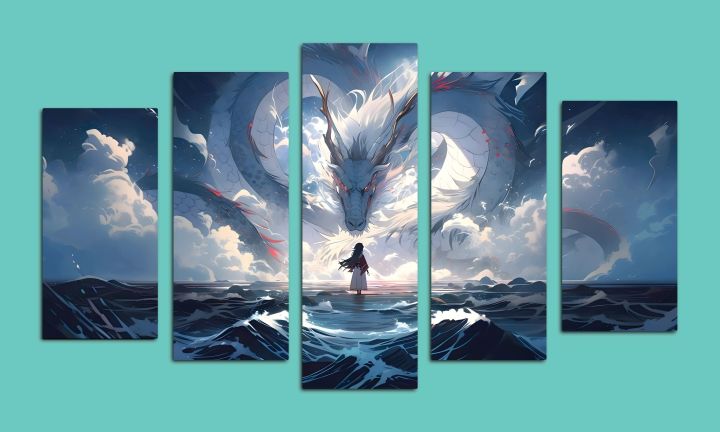 Fantasy%20White%20Dragon%20Ocean%20Wall%20Art%20Printed%20Canvas%E2%80%93%205%20Pcs%20Set%20-%20Image%203