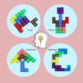 Wooden Blocks Puzzle Brain Teasers Toy, Intelligent Colorful 3D Plastic Blocks Game with Vertical Wood Frame Game Board, Tangram Educational Montessori Toys Gift for Kids Age 4-8 Years Old. 