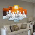 5 Panel Custom Manipulated seven white horse Significant on Vastu Matte Canvas Cotton Print Large Size. 