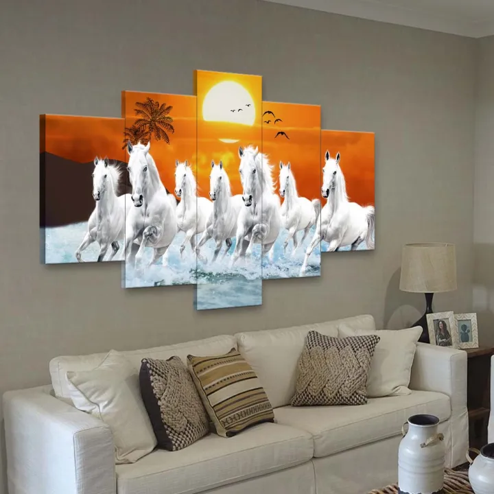 5%20Panel%20Custom%20Manipulated%20seven%20white%20horse%20Significant%20on%20Vastu%20Matte%20Canvas%20Cotton%20Print%20Large%20Size%20-%20Image%203