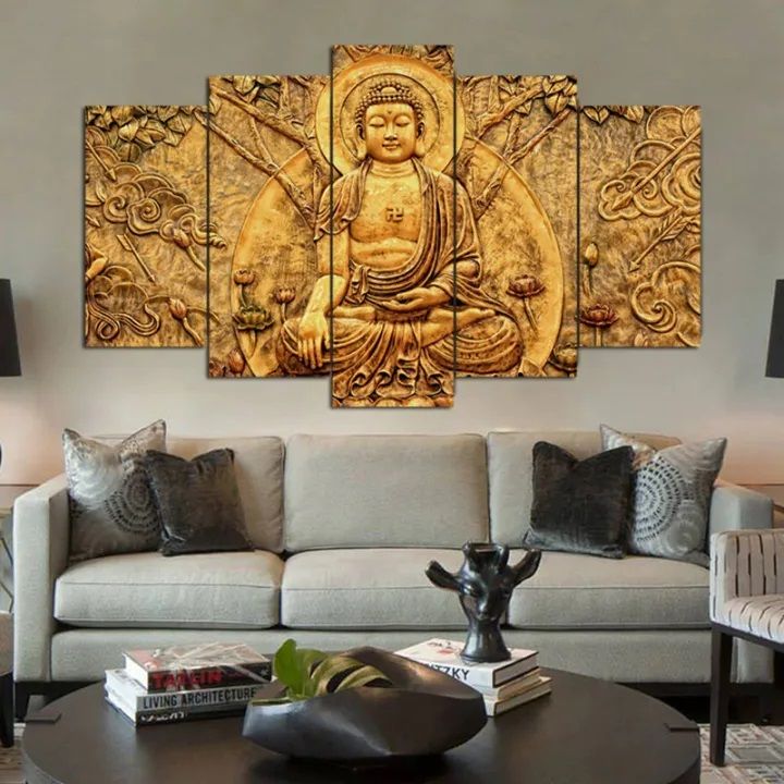 5 Piece Panel Golden Buddha Wall Canvas Art Print Decor By Shreeniti ...
