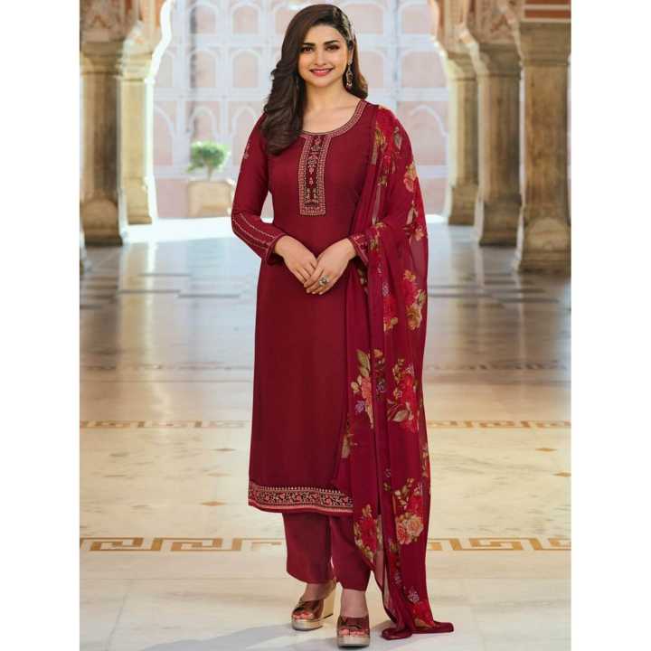 Maroon Satin Georgette Ladies Unstitched Partywear Kurta Surwal Piece