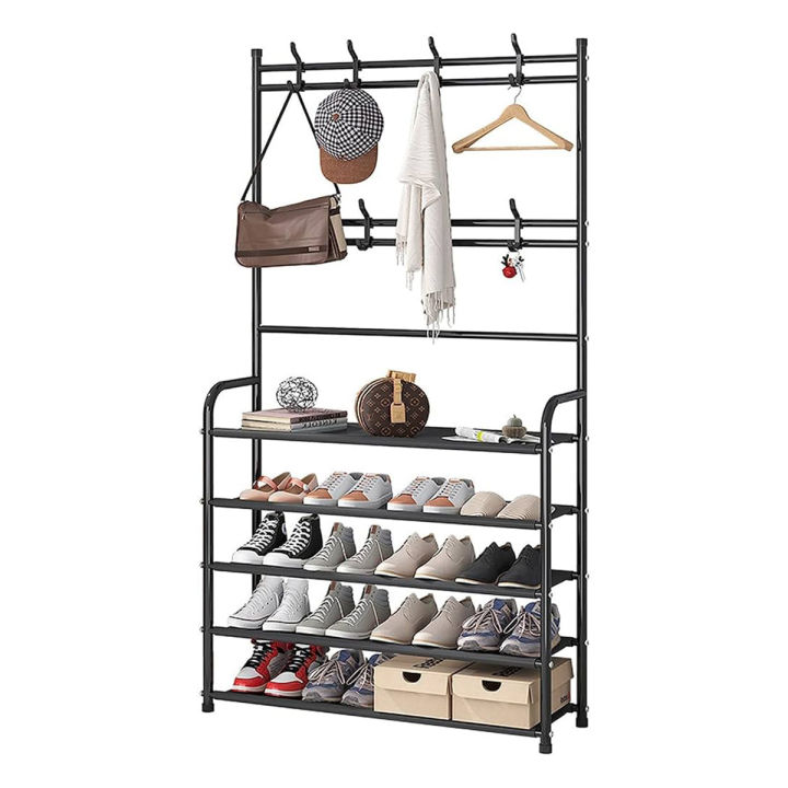 Multifunctional 2-in-1 Hallway Rack Stand with 8 Hooks  And 5 layers Shoe Shelves