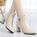Fashion Ankle Boots Women's Black Pointed Toe High Heels Autumn and Winter Chunky Heels Rhinestone Leather Boots Bota Feminina. 