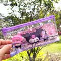 Wenefang 6pcs/set Anime Sanrio Melody Kuromi Stationery Set Cinnamoroll Luxury Student Cartoon Pencil Eraser Ruler Pen Bag Storage Set School. 