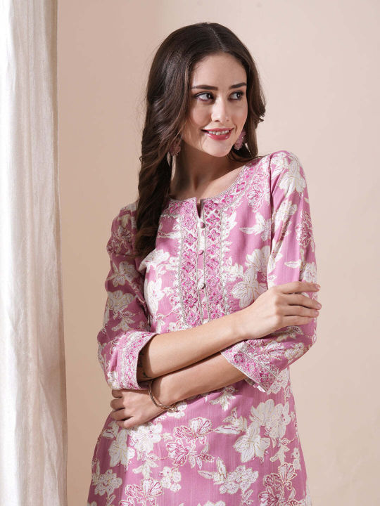 Fabdale Maroon Floral Print Viscose Rayon Straight Kurta | Casual Ethnic Wear (PRSC-015)