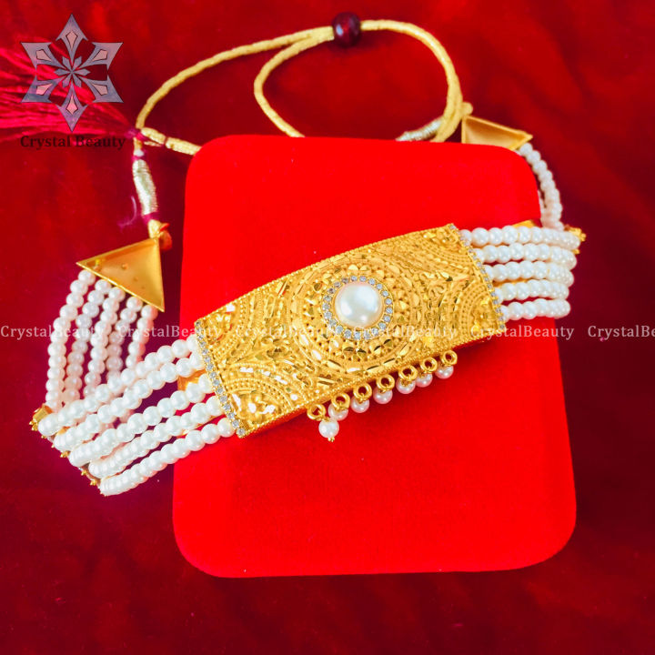 Pure Gold Plated Choker Moti Necklace With White Stones For Women
