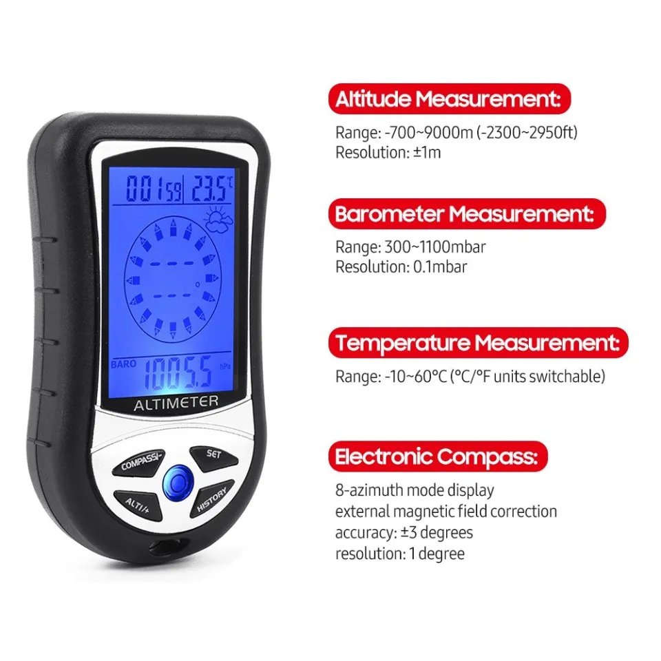 Altimetro Digitale 8 In 1 Con Bussola, Barometro, Termometro E Previsioni Meteo - LCD Retroilluminato, Memoria 256 Record