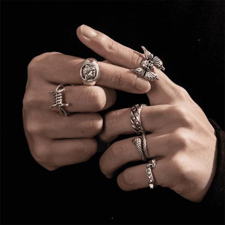 Pebbles Nepal Silver Color Chunky Heavy Metal Hip Hop Street Style Alloy Ring Set For Men | 6 Pieces |