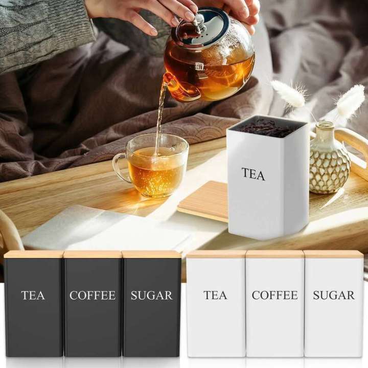 Canister Set Coffee Sugar and Tea Storage Container Metal with Bamboo Lid Square Black Snack Jars Kitchen 1000 ML