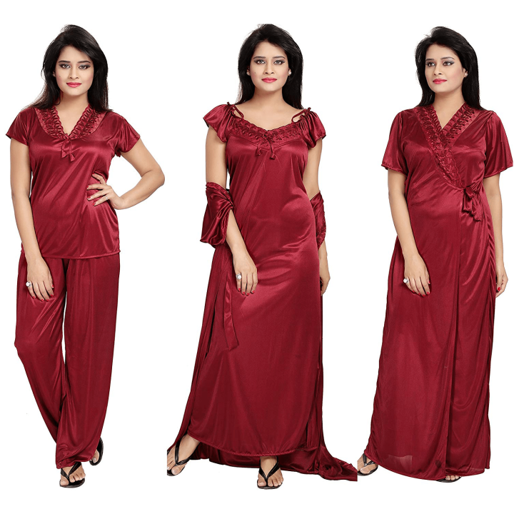 Women's Satin Nighty, Robe, Top, Night Dress - Set of 4 | Naypa Fashion