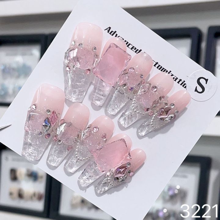 Pink Handmade Nails Korean Luxury Charm Bow Design Reusable Adhesive False Nails Full Cover Long Coffin Acrylic Nail Tips