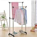 Product details of Double Pole Adjustable Stainless Steel Cloth Drying Hanger And Organizer Rack With Wheel. 