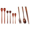 NAMUNY 1set Wooden Flatware Set, Wooden Portable Set Spoon Fork Chopsticks & 6 Pieces Wooden Spoons Long Handle Soup Spoons. 