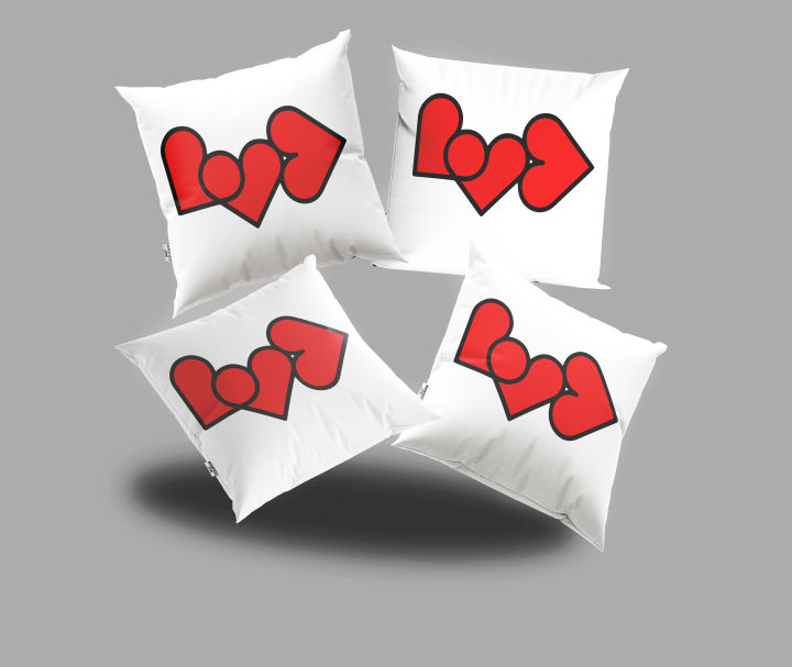 Red Heart Printed Decorative Cushion Covers with fillings – Set of 4