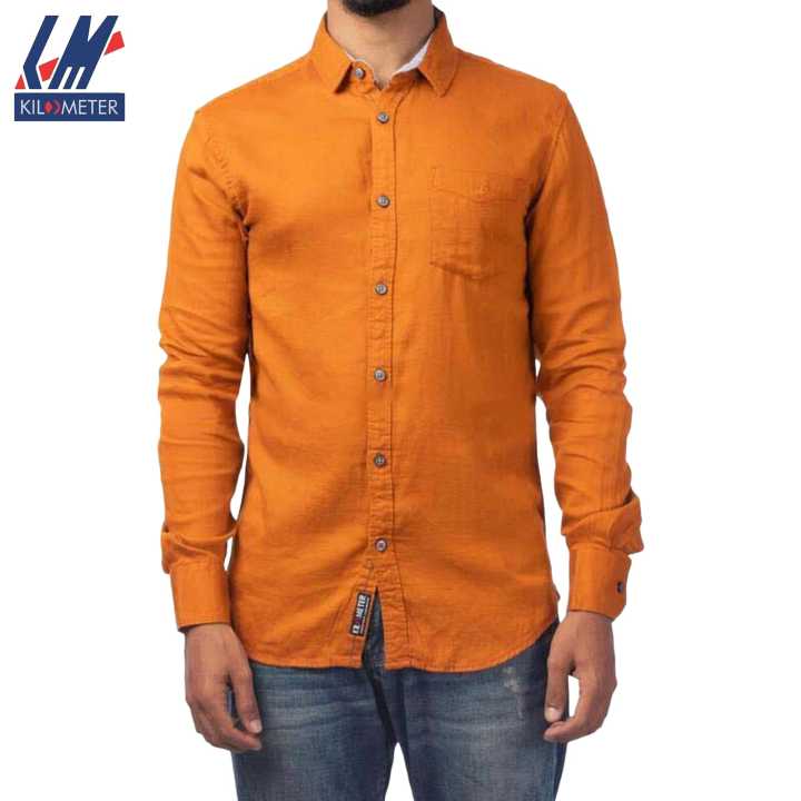 KILOMETER Plain Orange  Casual  Full Shirt For Men - 034