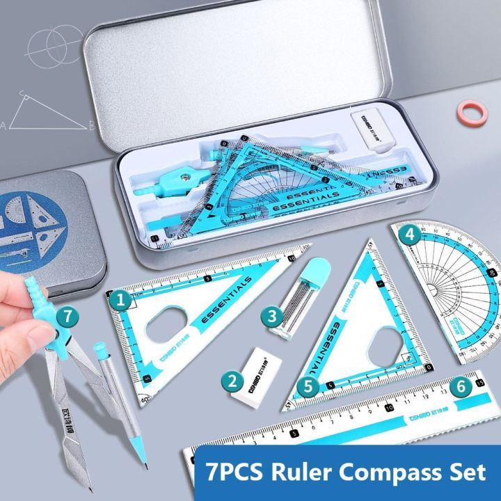 Compass And Ruler Set 7/8pcs Box Packing Plastic Compass Ruler Set Transparent Eraser ...