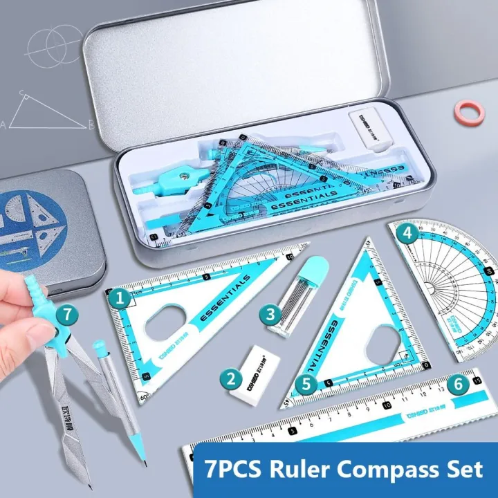 8pcs Ruler 7/8pcs Box Packing Plastic Compass Ruler Set Transparent Eraser ...