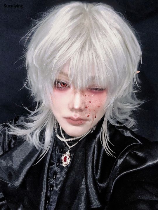 Sutuiying%2016Inch%20Silver%20White%20Color%20Handsome%20Synthetic%20Wig%20With%20Bang%20Medium%20New%20style%20Natural%20Wavy%20Hair%20Wig%20for%20Man%20or%20Women%20Cosplay%20Heat%20Resistant%20-%20Image%205