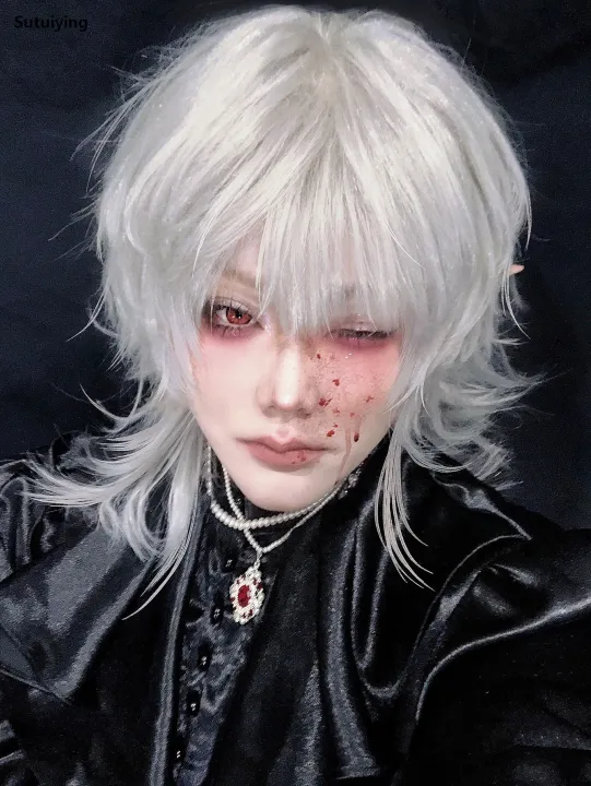 Sutuiying%2016Inch%20Silver%20White%20Color%20Handsome%20Synthetic%20Wig%20With%20Bang%20Medium%20New%20style%20Natural%20Wavy%20Hair%20Wig%20for%20Man%20or%20Women%20Cosplay%20Heat%20Resistant%20-%20Image%205