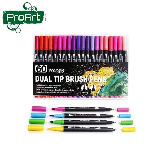 ProArt Dual Tip Brush Pen, Set Of 60 (Brush Tip & Fine liner Tip 0.4MM)