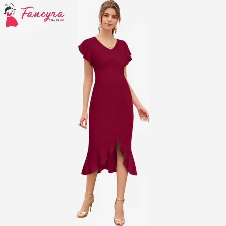 Fancyra Maroon V Neck Designer One Piece Western Stretchable Bodycon