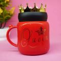 1 Pcs Red & Black Queen+King Ceramic Cup-Crown Mug With Lid For Coffee,Tea. 