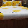 Sunflower Print Bed Sheet With Pillow Case (White). 