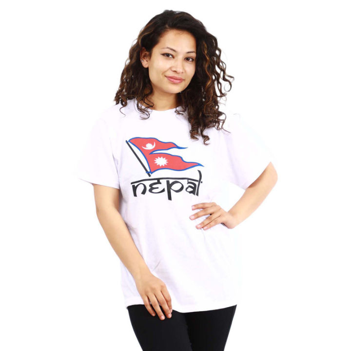White%20Round%20Neck%20Half%20Sleeve%20Nepal%20Flag%20Printed%20T-Shirt%20For%20Women%20-%20Image%203