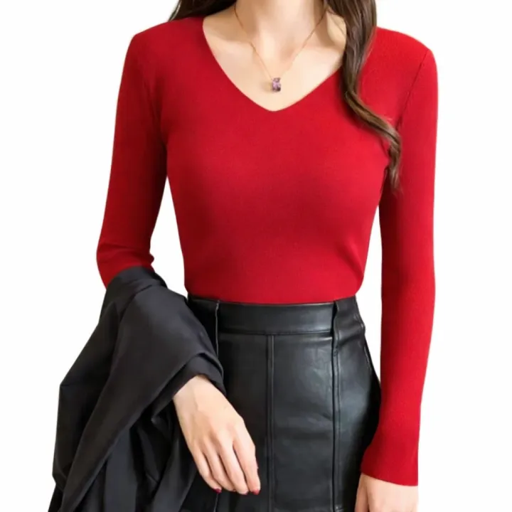 T-Shirt%20For%20Women%20All-Season%20Ribbed%20Knit%20Casual%20V-Neck%20Full%20Sleeve%20Top%20Multiple%20Colors%20-%20Image%202