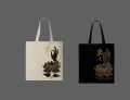 Golden Om Lotus Buddha Hand Printed Tote Bag– Black & White. 