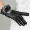 Women'S Touchscreen Leather Winter Gloves With Faux Fur Pom-Pom. 