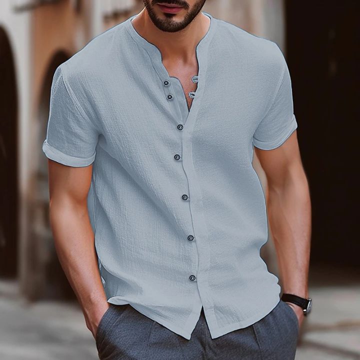 Shirt%20Casual%20Style%20Beach%20Short%20Sleeve%20Collarless%20Fashion%20High%20Bargain%20price%20Quality%20Men's%20Polo%20Shirt%20Men's%20Collarless%20T%20Clothing%20Top%20-%20Image%202