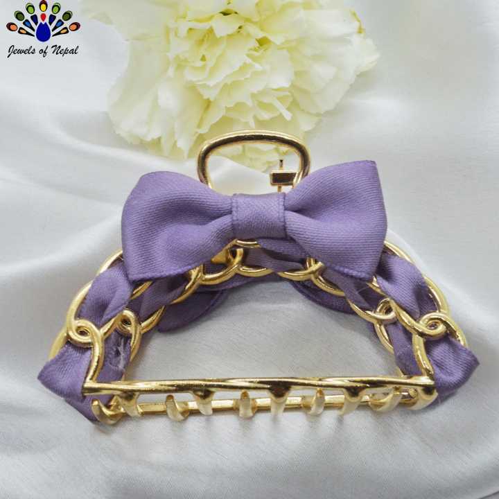 Jewels of Nepal Viral Ribbon Bow Designed Metal Hair Claw Clip For Women