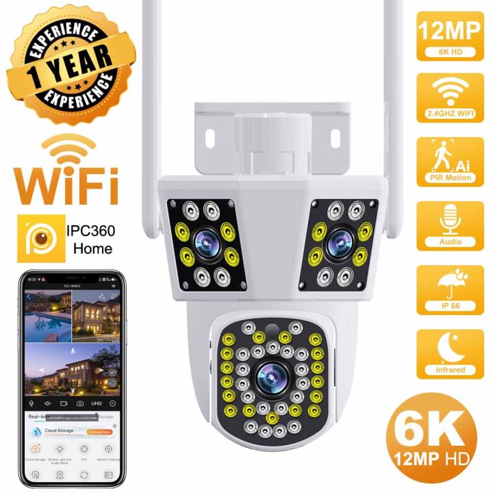 New models on sale Three Screen 6K 12MP WIFI IP Outdoor Camera Motion Tracking PTZ Video CCTV Camera Three Lens Waterproof Security System