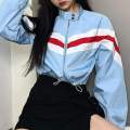 2021 Spring Autumn Panelled Strip Patchwork Bomber Women Jackets Stand Collar Long Sleeve Drawstring Waist Zipper Crop Tops.. 