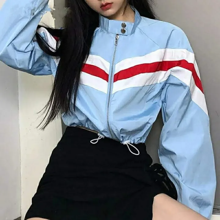 2021%20Spring%20Autumn%20Panelled%20Strip%20Patchwork%20Bomber%20Women%20Jackets%20Stand%20Collar%20Long%20Sleeve%20Drawstring%20Waist%20Zipper%20Crop%20Tops.%20-%20Image%203