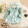 Newborn Baby Girls Summer Clothes Sets Ruffle Sleeve Top T-Shirt Floral Suspender Shorts Headband. 