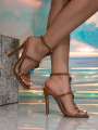 Womens Gold High Heel Sandals, Elegant Beaded Strap Party/Evening Shoes With Pointed Toe And Thin Heels. 