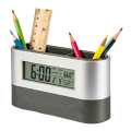 Oval Desk Clock Stand With Clock Pen Holder Time Alarm Snooze Calendar Temperature Name Card Holder. 