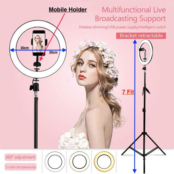 30CM Selfie LED Ring Light with 7 Fit Tripod Stand, Cell Phone Holder Dimmable 3 Light Modes for Live Stream, Makeup, Facebook, YouTube, Instagram,TikTok, Twitter