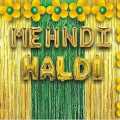 Haldi -Mehndi Decoration Kit - 1 Mehndi Foil, 1 Haldi Foil ,2 Golden Curtains ,1 Green Curtains , 15 yellow and 15 green balloons (pack of 35). 